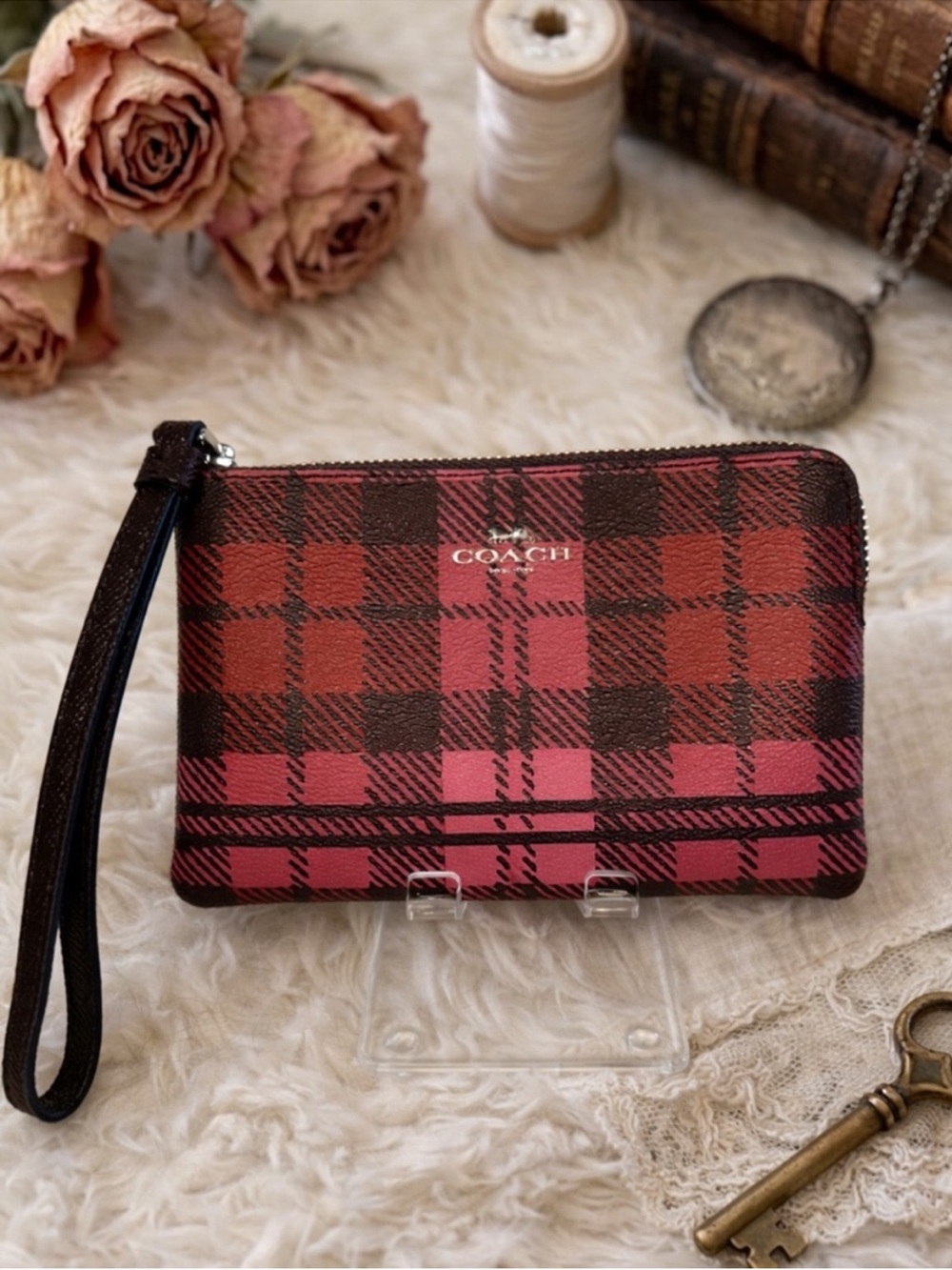 Coach Shadow Plaid Print Corner Zip Wristlet Coated Canvas Holiday